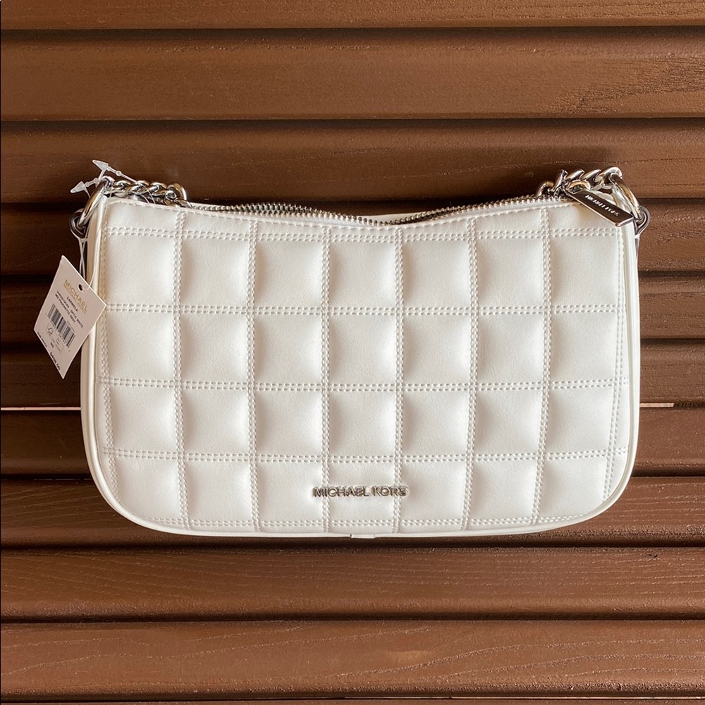 MK “CARMELA” MED POUCHETTE Shoulder-Crossbody, Optic White, Quilted Leather, NWT
